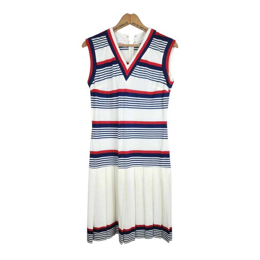 Vtg S/M Pleated Scooter Dress Tennis V-Neck Red Blue Drop Waist 60 70s Preppy